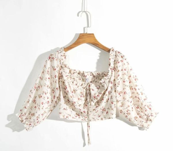 

2019 autumn europe and america women's dress new style flounced lace-up floral shirt women's 1203, White