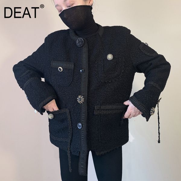 

deat] 2019 autumn elegant charm koraen leisure women's woolen coat full sleeve button decoration loose slim clothes aq352, Black