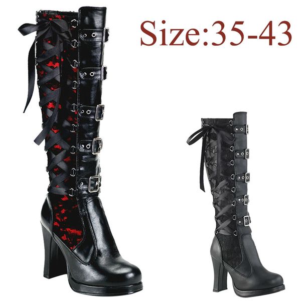 

fashion boots women halloween cosplay cross tied leather kneeth platform boots gothic bows ladies shoes for festival, Black