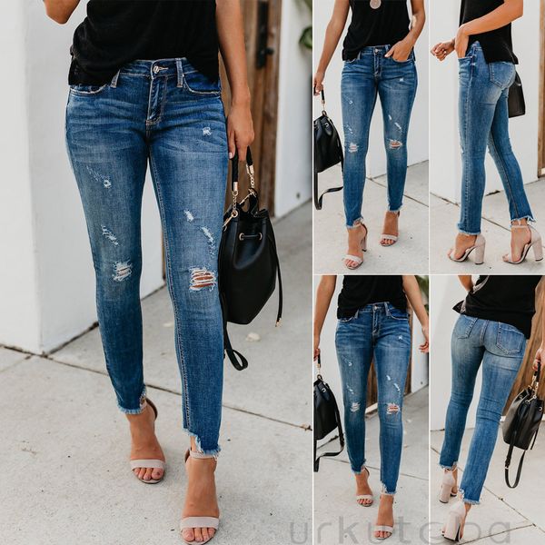 

goocheer women stretch ripped distressed skinny high waist denim pants shredded hole jeans trousers s-2xl, Blue