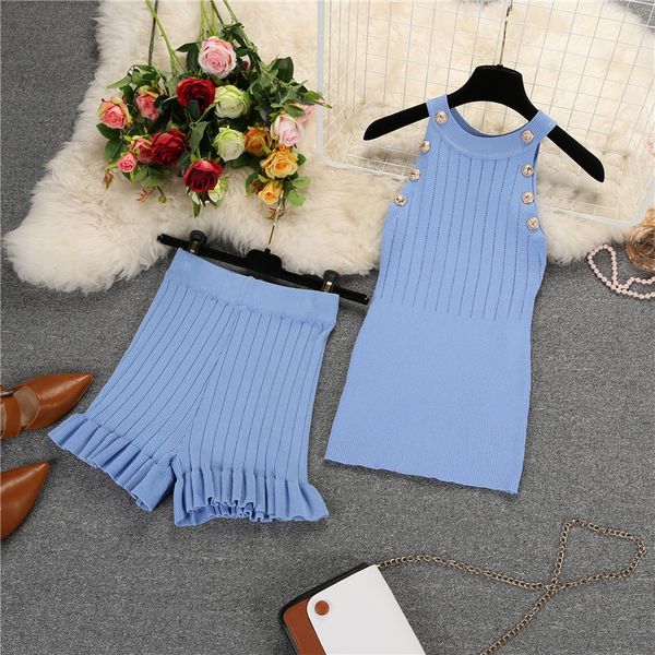

amolapha women summer knit vest shorts suits sleeveless buttons short pants clothing sets, White