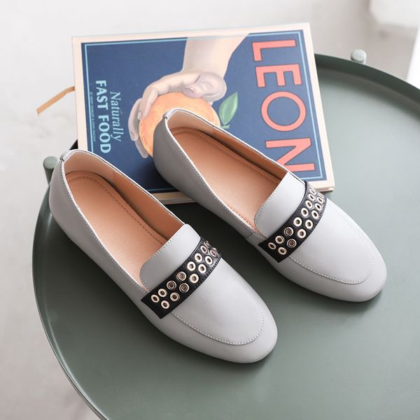 

new arrival fashion two rows metal rings genuine leather women for loafers shoes flat heels casual mules shoes office dress, Black