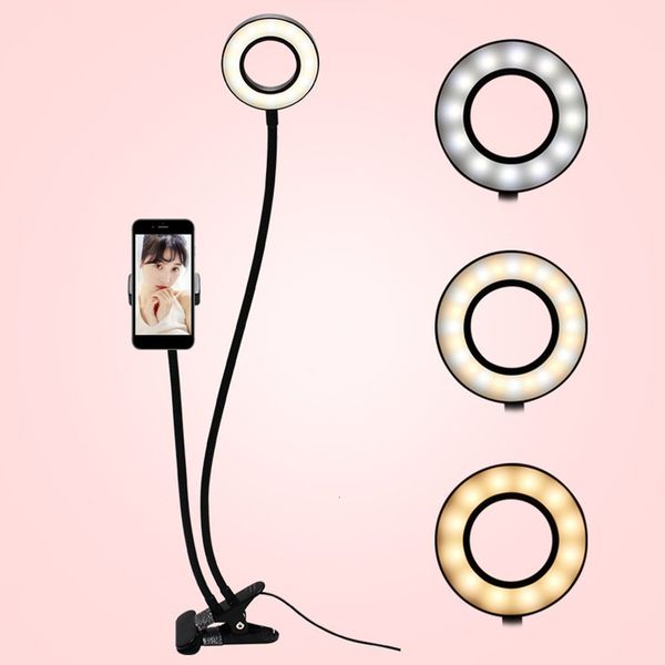 

cell phone holder with 2-in-1 led selfie ring light for live stream phone clip holder adjustable desk lamp makeup light dropship