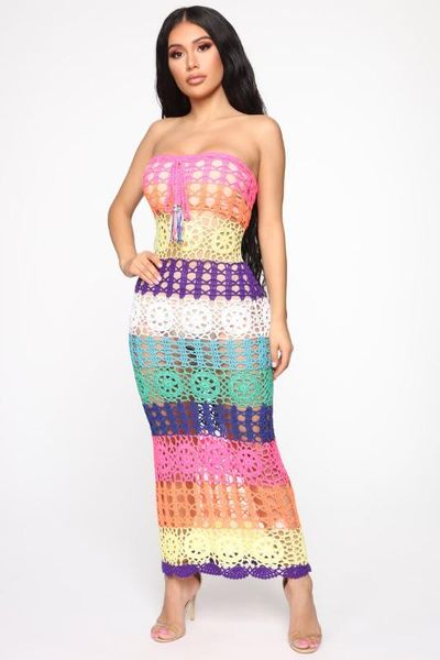 

2020 new women hollow out knitting elegant strapless sleeveless vestido celebrity party bodycon bandage dresses wholesale, Black;gray