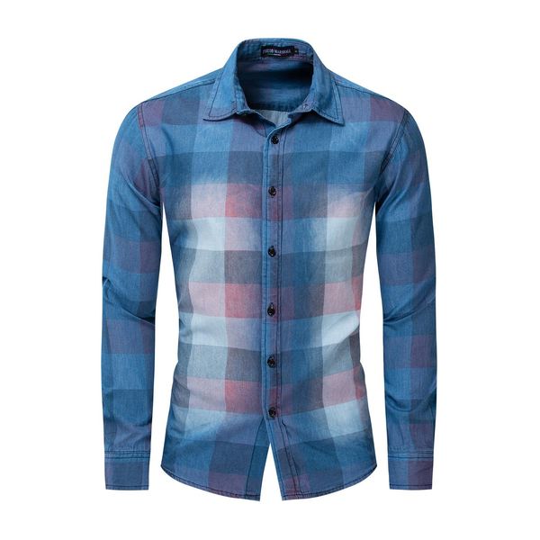 

plus size men's autumn and winter long-sleeved denim shirt plaid printing shirt turn down collar casual shirts