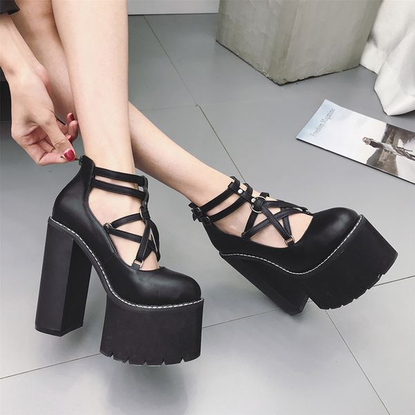 

gdgydh 2020 fashion women pumps high heels zipper rubber sole black platform shoes spring autumn leather shoes female promotion t19