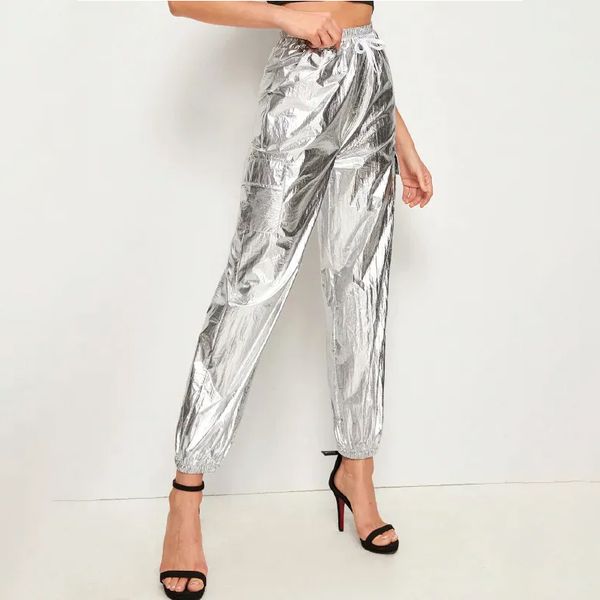 

metallic 100% nylon pants 2019 drawstring women modern clubbing trousers lady elegant tapered/carrot pants, Black;white