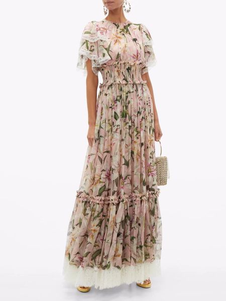 

722 2019 runway dress brand same style dress flora print short sleeve mid calf lace luxury prom fashion womens clothes as, White;black