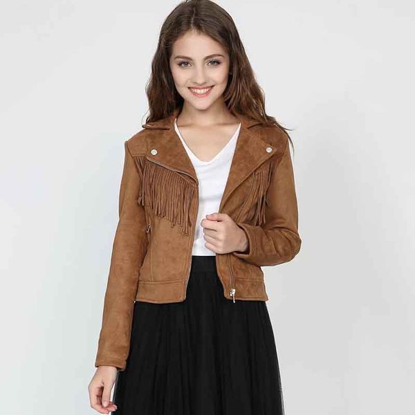 

zipper suede streetwear faux suede women leather biker 2019 autumn long sleeve female jackets tassel hollow out brown coat, Black;brown