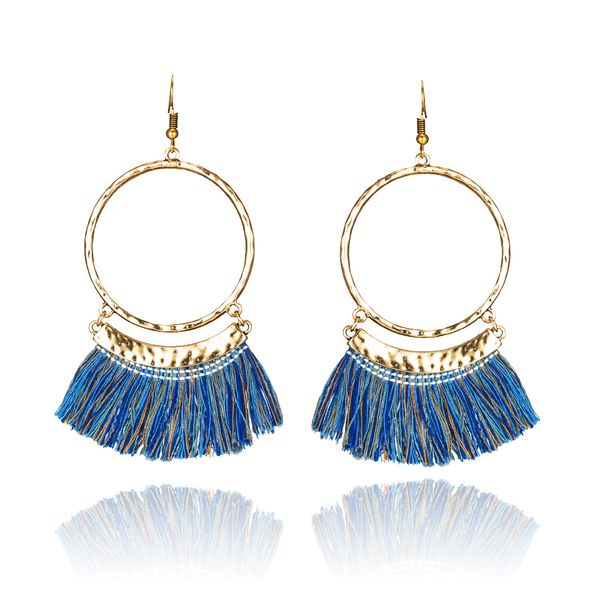 

women golden round circle statement boho ethnic tassel fringe drop earrings ladies jewelry accessories wholesale sales item, Silver