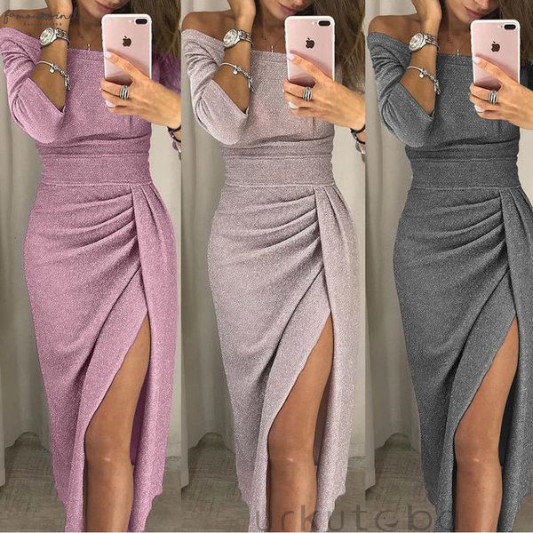 

women off shoulder bodycon dress split maxi dress party evening gown wear jupe solid femme faldas mujer, Black;gray