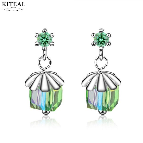 

kiteal 2019 arrival silver plated maiden earring japan south korea style green crystal cube orecchini love 925, Golden;silver