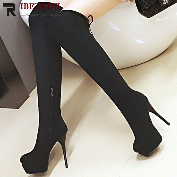 

ribetrini over the knee thin high heels boots women round toe zip party prom shoes ladies high platform boots size 34-43, Black