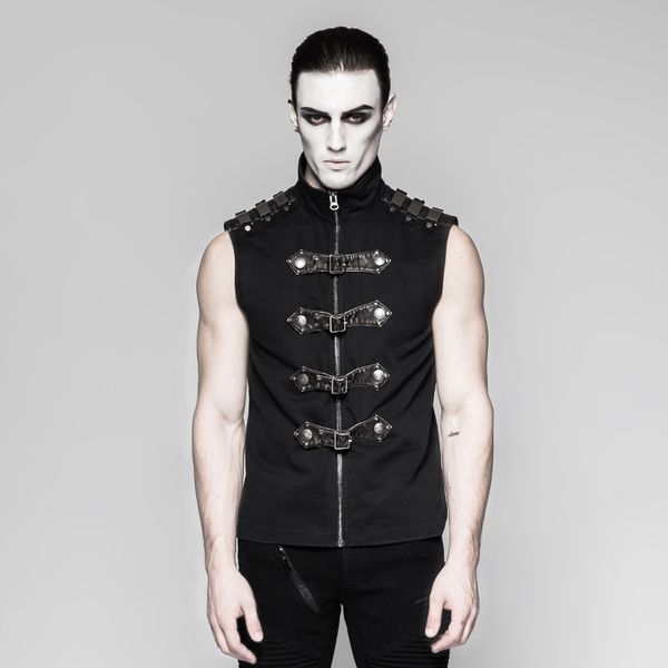 

steampunk black stand-up vest single-breasted and zipper men's casual aristocratic metal epaulettes slim sleeveless blouses, Black;brown