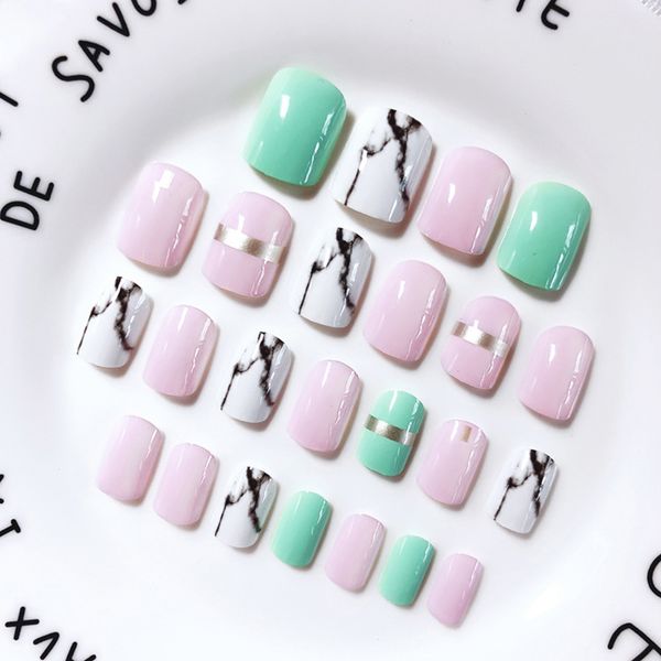 

elecool new 24 pcs fake nails + 2g glue toe nails finished marble acrylic long fake tips nail patch nail art accessories, Red;gold