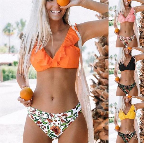 

womens 2pcs bikinis summer ruffle womens bathing sets holiday beach female two piecs suits floral, White;black