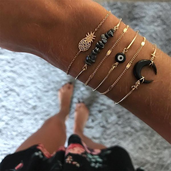 

fashion moon eye black stone pineapple gold bracelets simple women wedding party jewelry accessories female bracelet set