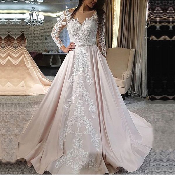 

кружева атласная свадебные платья с длинным рукавом sheer шеи глубокий v открытый назад линия аппликация свадебные платья 2020 весна vestido, White
