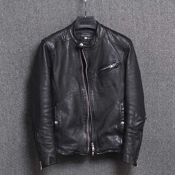 

men's leather & faux vintage genuine jacket men motorcycle sheepskin coat short slim veste cuir homme 2-cn15a-9s kj2315, Black