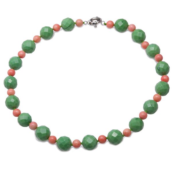 

jyx bohimia style turquoise necklace 15-16mm green round turquoise beads with red coral pendant necklace 21" special, Silver
