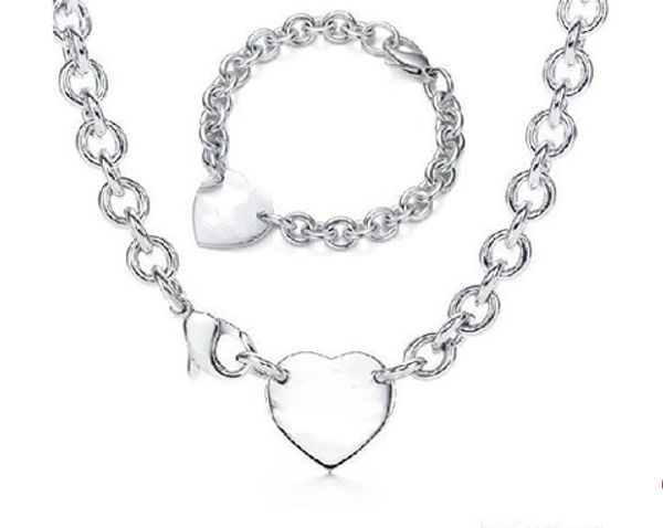 

2020 silver thick link chain with silver heart plates bracelet and pendant necklaces charming 2pcs suit with box and dustbag