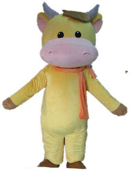

2019 a yellow cattle mascot costume with an orange scarf for to wear, Red;yellow
