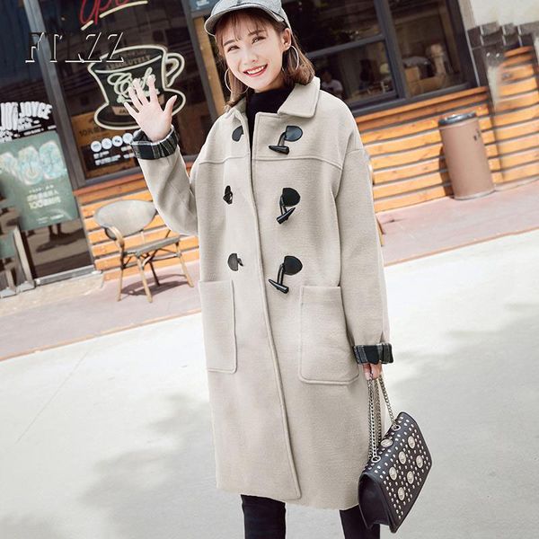 

2019 new autumn winter long outerwear women loose horn-buttoned woolen overcoat ladies turndown collar fashion korean wool coats, Black