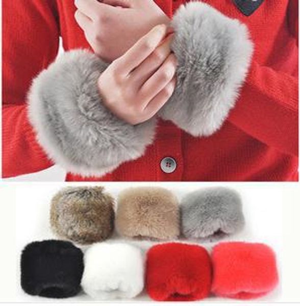 

women artificial faux fur cuff oversleeve wrist gloves wristband windproof arm warmer sleeves wristband, Blue;gray