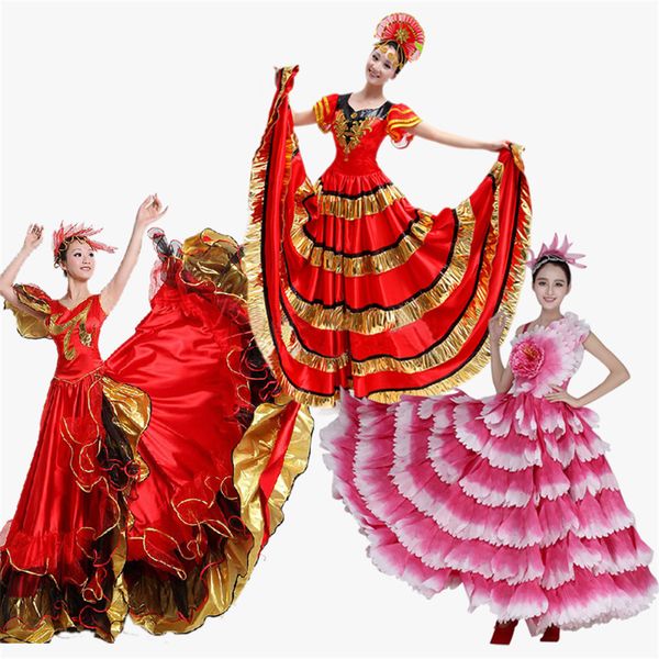 

women spain dress flamenco skirts dance costumes spanish gypsy skirt bigdance flower chorus stage performance wear for woman, Black;red