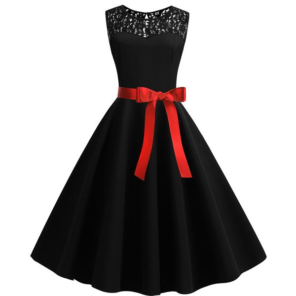 

fashion women vintage 1950s retro sundress elegant dress sleeveless lace splice solid party prom swing dress vestidos mujer, Black;gray