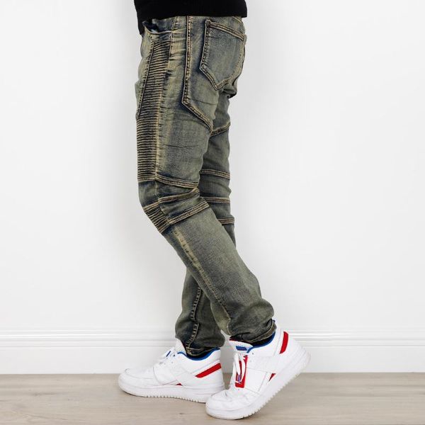 

2020 spring pleated men's long jeans pants denim pockets casual loose male pant autumn hip hop streetwear man trousers, Blue