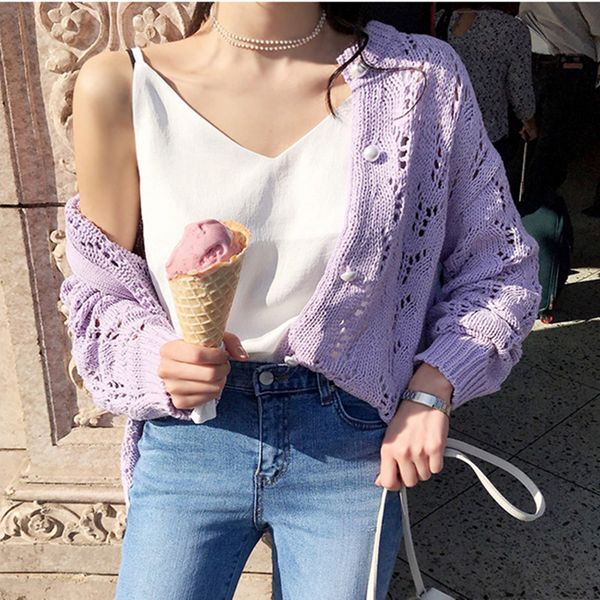 

2018 korean style girl ice cream purple color hollow out knitted cardigans womens sweaters ( b1450, White