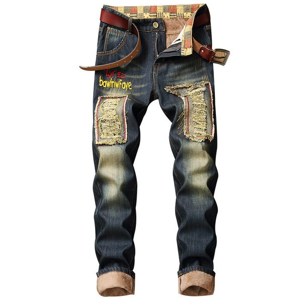 

2020 men's jeans pocket slim jeans hollow out fashion hiphop men jean overalls biker, Blue