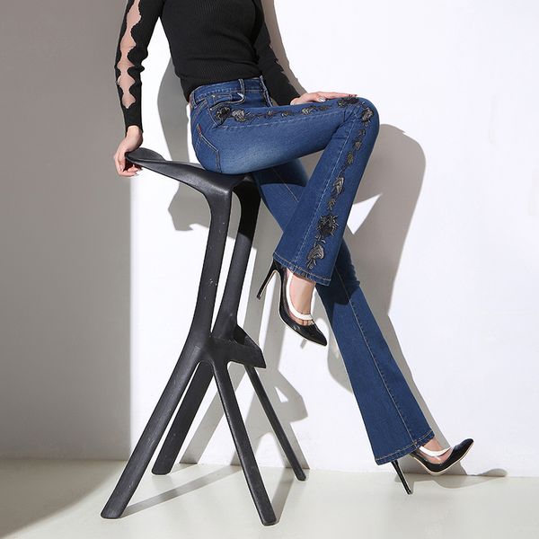 

new arrival brand high waist embroidery micro-horn jeans women cowboy trousers thin wide leg denim flares pants 26~32, Blue