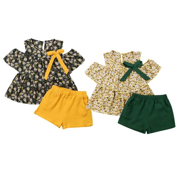 

младенческая kid baby girl summer одежда наборы цветов печати с плеча топы футболка + шорты брюки 2pcs оборудуйте cute, White