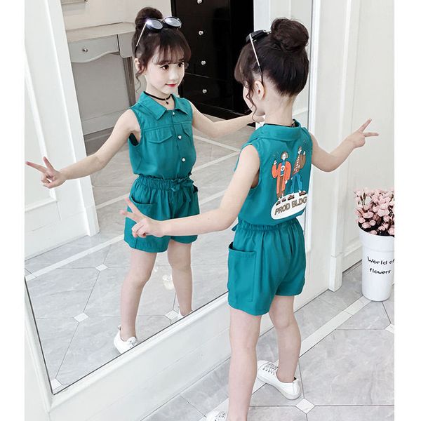 

clothing sets girls summer solid sleeveless lapel short pants child set teenage suits for girl outfits 5 7 8 9 10 12 years, White