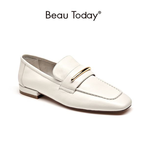 

beautoday loafers women calfskin genuine leather square toe slip-on metal decoration ladies casual flat shoes handmade 27252, Black