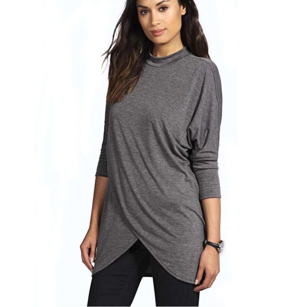 

new large women's loose bat sleeve sweater v-shaped hem high neck t-shirt for women