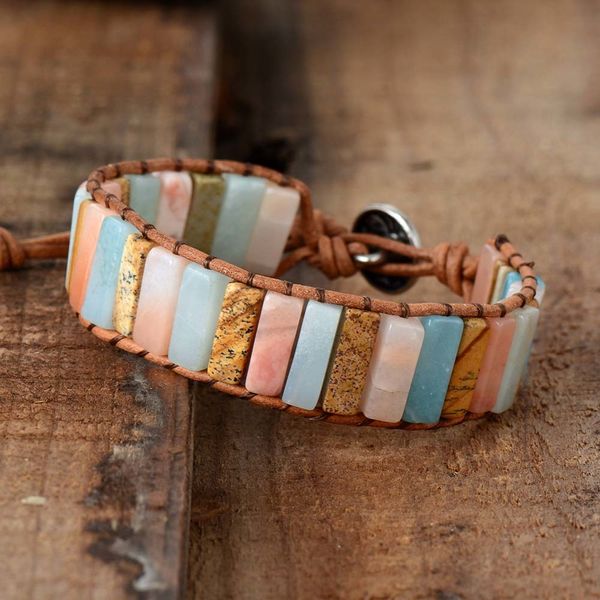 

woman boho bracelets tube shape natural stones single leather wrap bracelet semi precious stone beaded cuff bracelet dropship, Golden;silver