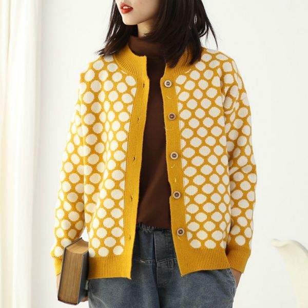 

women sweater coat casual wild wave point outwear round neck long-sleeved knit cardigan coat 4 colors size, White