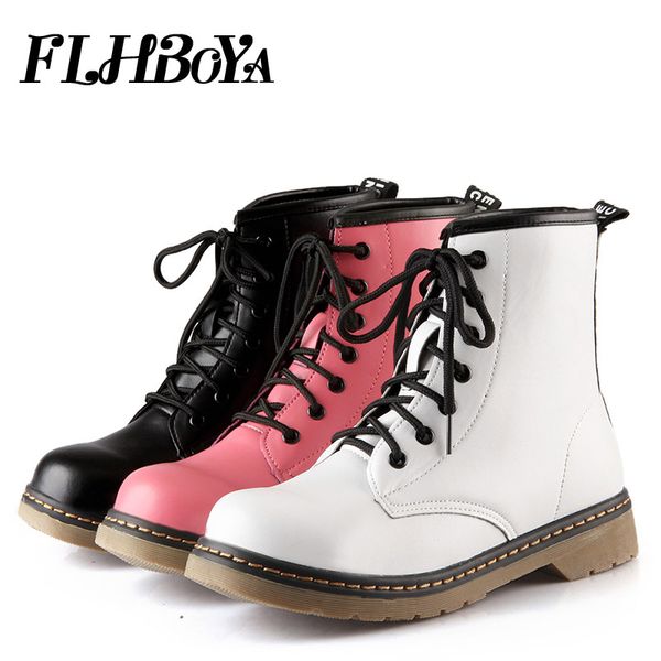 

flhboya 2019 woman boots lace up short ankle boots leather for women ladies winter black low heels round toe riding shoe