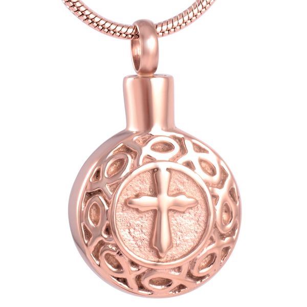 

ijd9177 stainless steel rose gold round shaped cross cremation necklace for ashes urn memorial souvenir pendant for gift jewelry, Silver