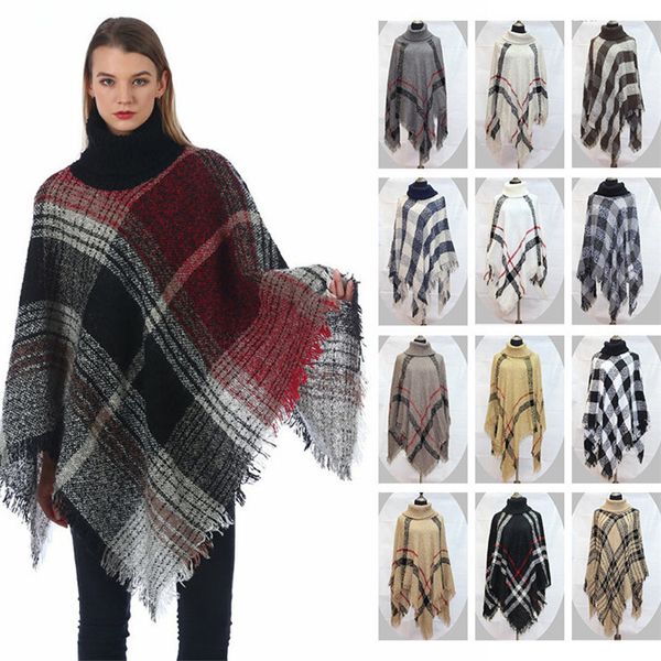 

selling autumn winter women's high collar shawl large-yard classic checked cloak fashion loose bat poncho t9b001, Black
