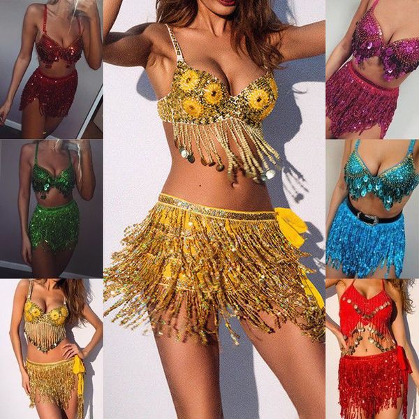 

mini skirt polyester skirt summer 2019 solid women sequin belly dancer costume tassel wrap w406, Black