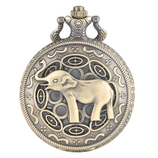 

hollow asian elephant pattern fob watch vintage bronze quartz pocket watch necklace pendant clock retro chain gifts dropshipping, Slivery;golden