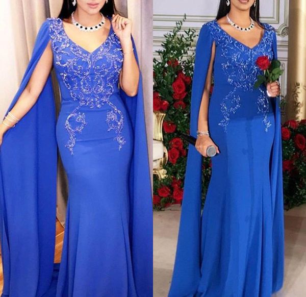 

2020 arabic blue evening dresses with cape applique beads satin v neck mermaid prom dress plus size formal occasion gowns, Black;red