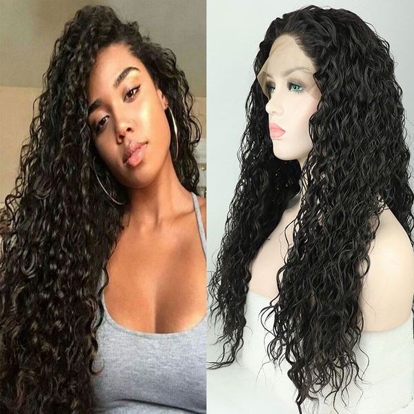 

black 13*3 synthetic lace front curly long wig, no glue, heat resistant fiber, suitable for black women daily wigs