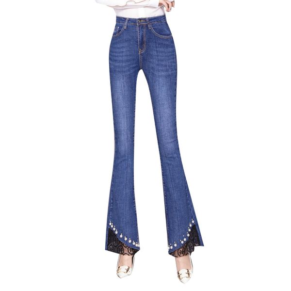 

women jeans nine pant irregular spring lace pearls beading jeans flare pants high waist stretch slim denim trouser mujer y36, Blue