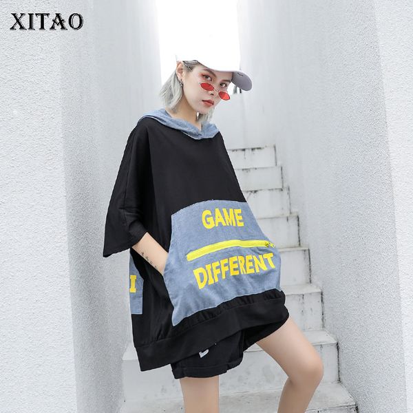 

xitao] women 2019 summer korea hooded collar short sleeve loose female patchwork letter print pullover sweatshirt wbb3924, Black