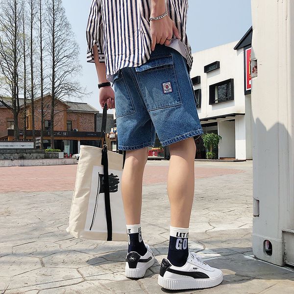 

jeans men's summer new youth large size wash trend loose straight tooling hip hop men's shorts jeans five pants, Blue